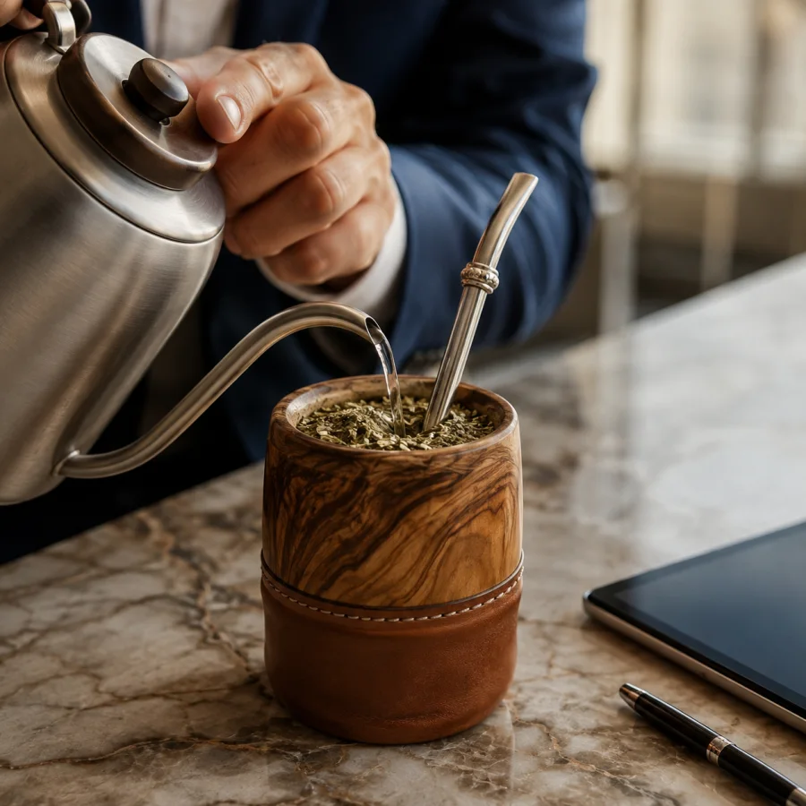 Manos sirviendo agua a temperatura precisa en un mate de palo santo sobre un escritorio ejecutivo en Buenos Aires.