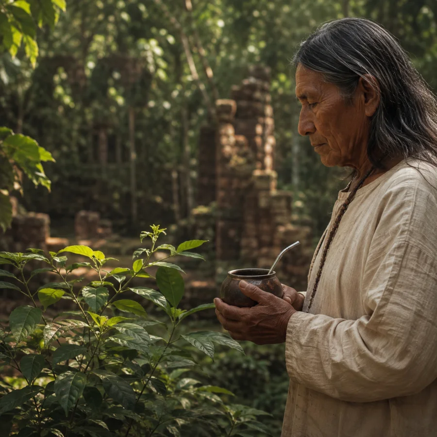 Representación de un anciano Mbyá Guaraní sosteniendo un mate rústico en la selva, origen histórico.