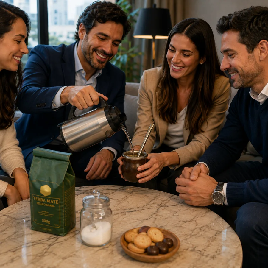 Grupo de cuatro profesionales compartiendo una ronda de mate en un ambiente elegante de Buenos Aires. Un cebador vierte agua caliente desde