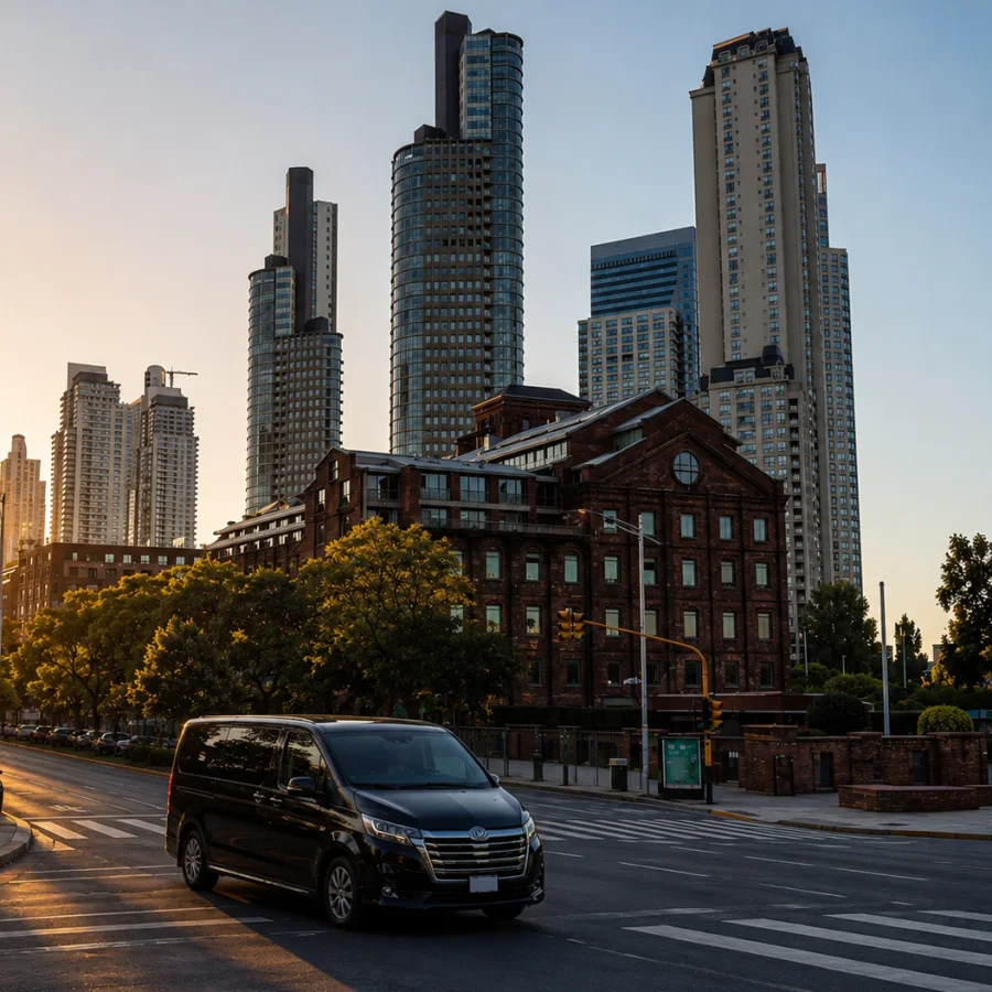 Torres corporativas y hoteles modernos en Puerto Madero con transporte ejecutivo.