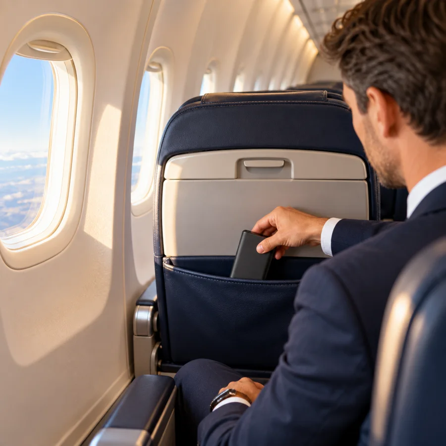 Pasajero de avión guardando su batería externa en el bolsillo del asiento delantero.