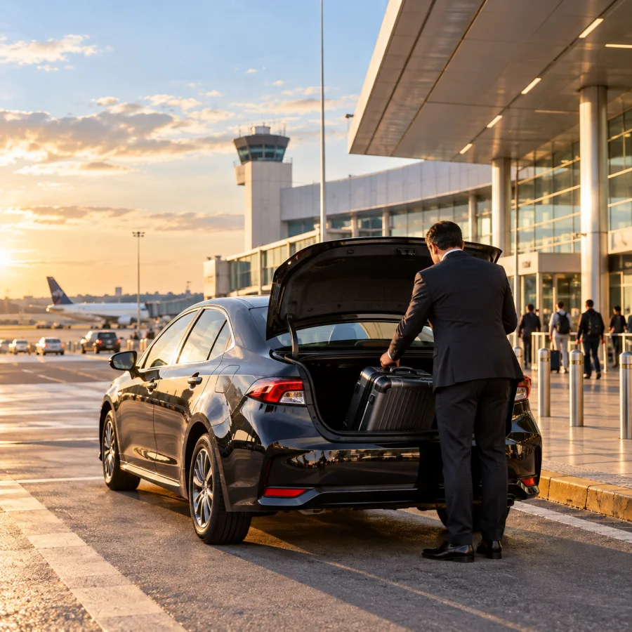 Conductor ejecutivo de traje bajando equipaje de un sedán negro en un aeropuerto.