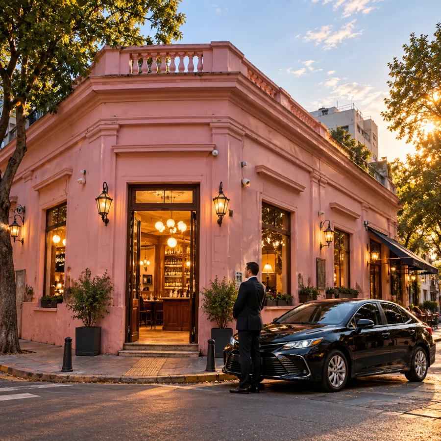 Fachada de esquina rosada de El Preferido de Palermo con un auto ejecutivo.